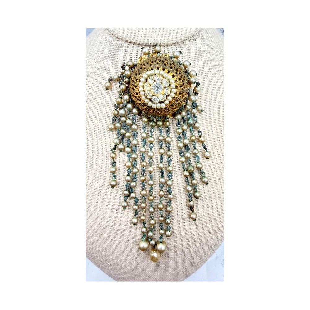 Vintage Faux Pearl Tassel Brooch Gold Tone Filigree Glass Rhinestones 4"